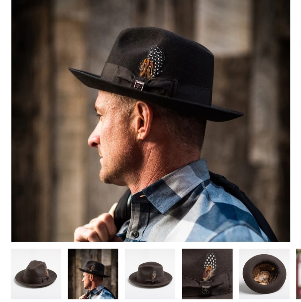 Stacy Adams Elias Homburg Hat Black Wool Felt Feather Mens  NWT